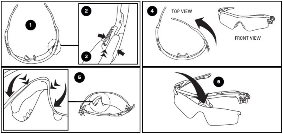 RADAR LOCK LENS REMOVAL INSTRUCTIONS Lens Removal 1. Locate lock latch on the inside surface of the left temple. 2. With index finger and thumb, hold lock and door. 3. Push lock and rotate door away from the lens (shown with arrows). 4. Rotate temple and door as you're pushing the lock. 5. Push nose bridge inwards to release bottom part of lens. 6. Rotate lens towards the bottom to fully release lens