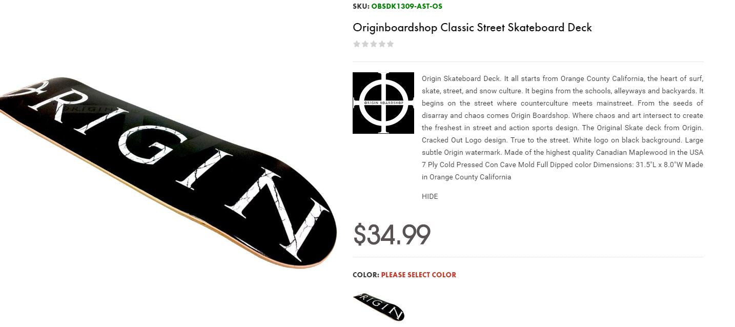 Origin Boardshop Skateboard Trick Street Riding Deck Orange County CA