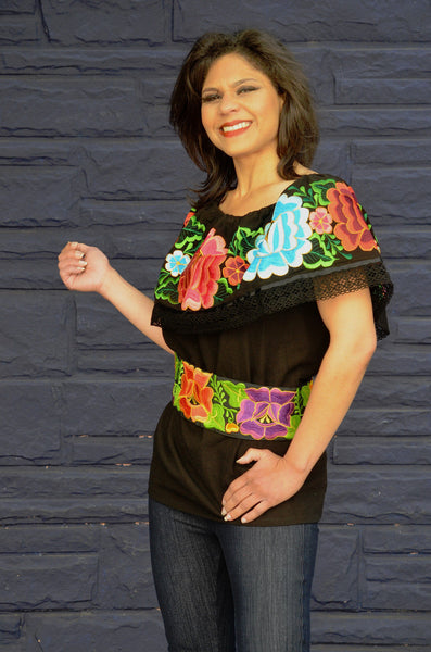 Details about   Embroidered Mexican Blouse Floral Off Shoulder Top Peasant Gauze FREE SHIPPING
