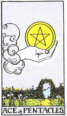 Ace of Pentacles Meaning - Original Rider Waite Tarot Depiction
