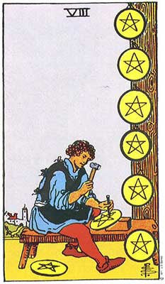 Eight of Pentacles Meaning - Original Rider Waite Tarot Depiction