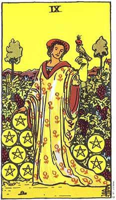 Nine of Pentacles Meaning - Original Rider Waite Tarot Depiction