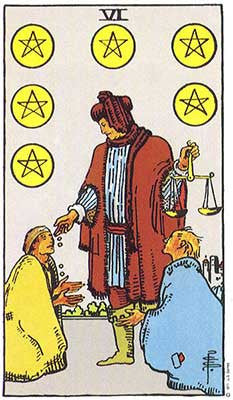 Six of Pentacles Meaning - Original Rider Waite Tarot Depiction