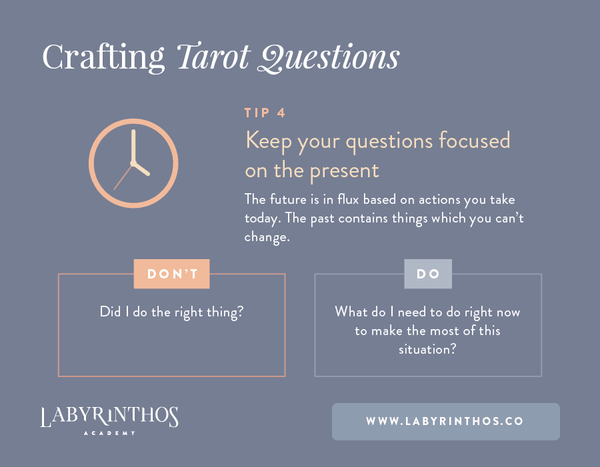 Keep your questions focused on the present - Tip 4 -How to Phrase Effective Tarot Card Questions and Get the Most From Your Tarot Reading