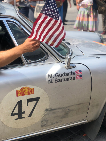 Nico Samaras and Mark Gudaitis finish the Peking to Paris rally in 2019