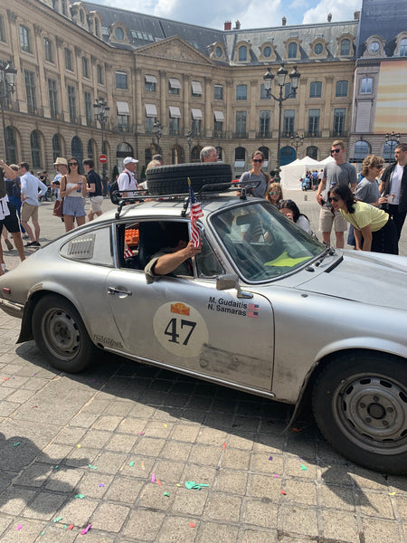 Nico Samaras and Mark Gudaitis finally cross the finish line at the Peking to Paris Rally 2019