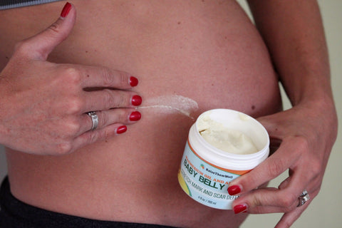Apply Baby Belly Balm to your tummy to moisturize and relieve itching while protecting your skin from stretch marks and reduce scars