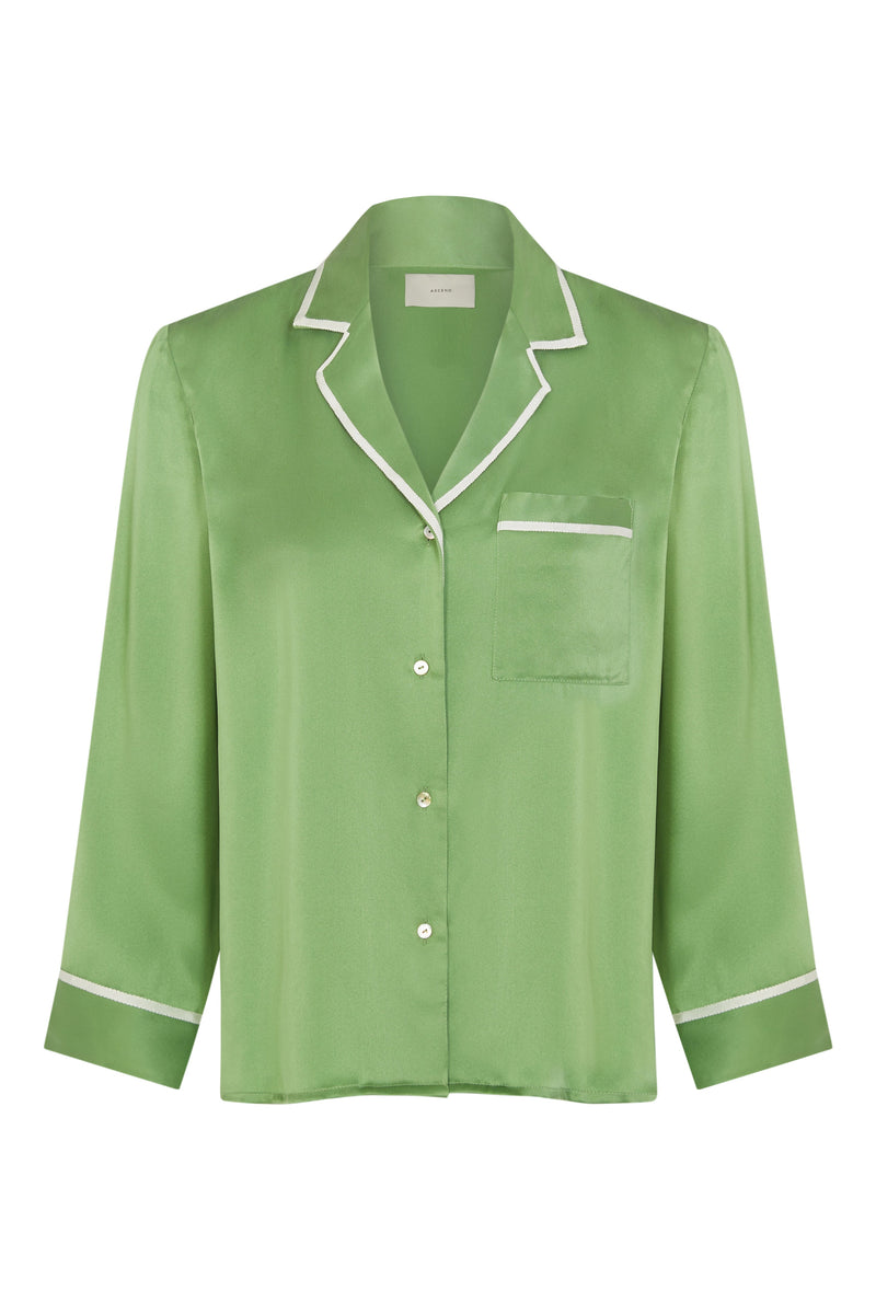 Sydney Jade Green Ribbon Piped Silk Cropped Pyjama Shirt