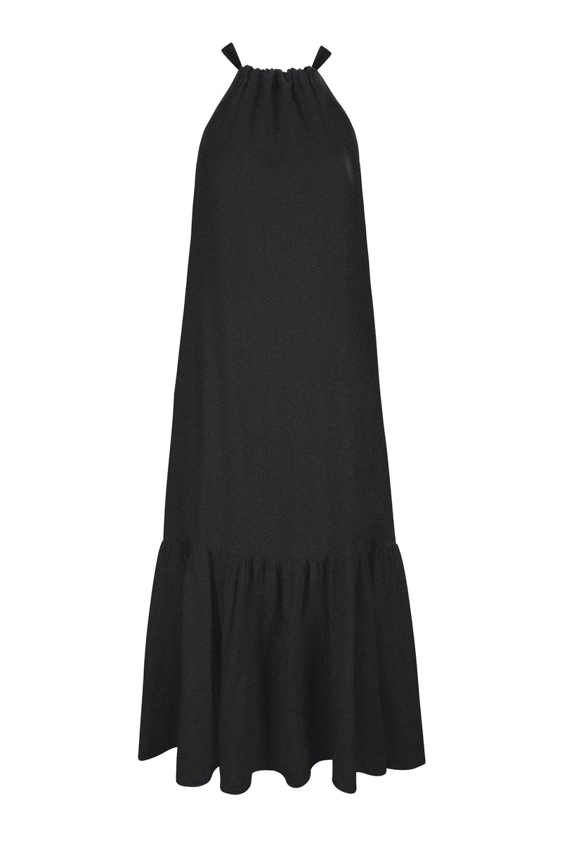 Black Linen Tie Neck Maxi Dress