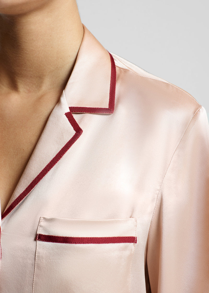 Sydney Blush Ribbon Piped Silk Cropped Pyjama Shirt