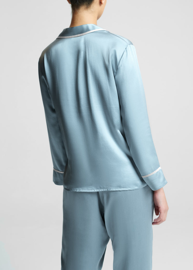 Sydney Dust Blue Ribbon Piped Silk Cropped Pyjama Shirt