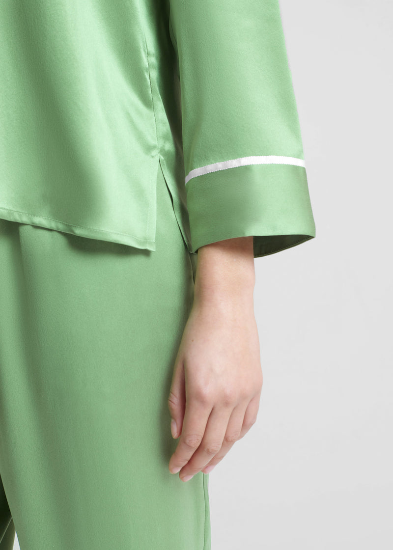 Sydney Jade Green Ribbon Piped Silk Cropped Pyjama Shirt