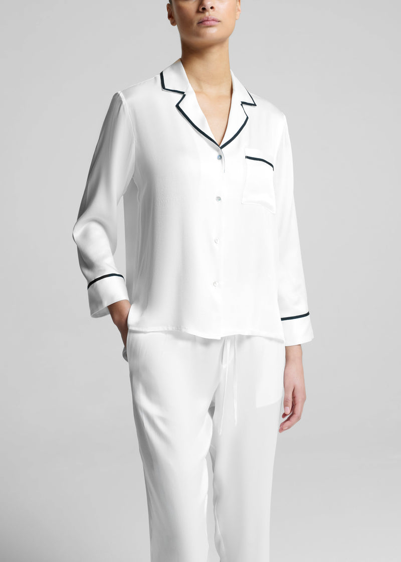Sydney White Ribbon Piped Silk Cropped Pyjama Shirt