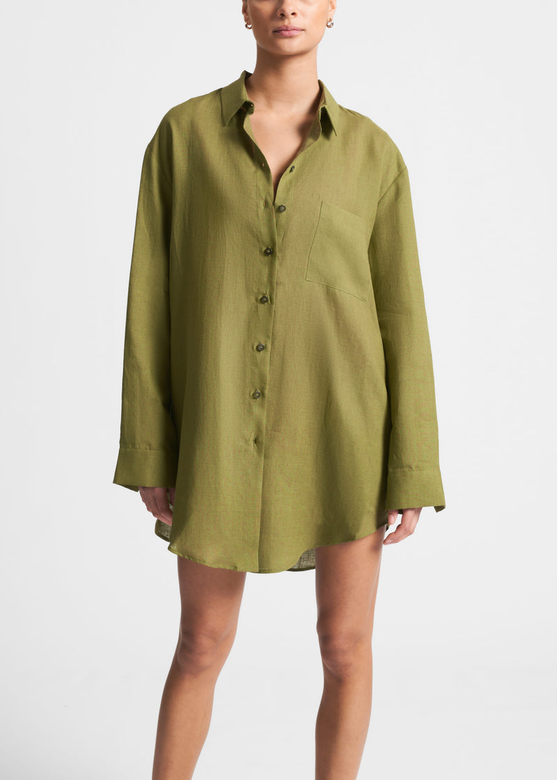 Formentera Matcha Green Organic Linen Oversized Shirt