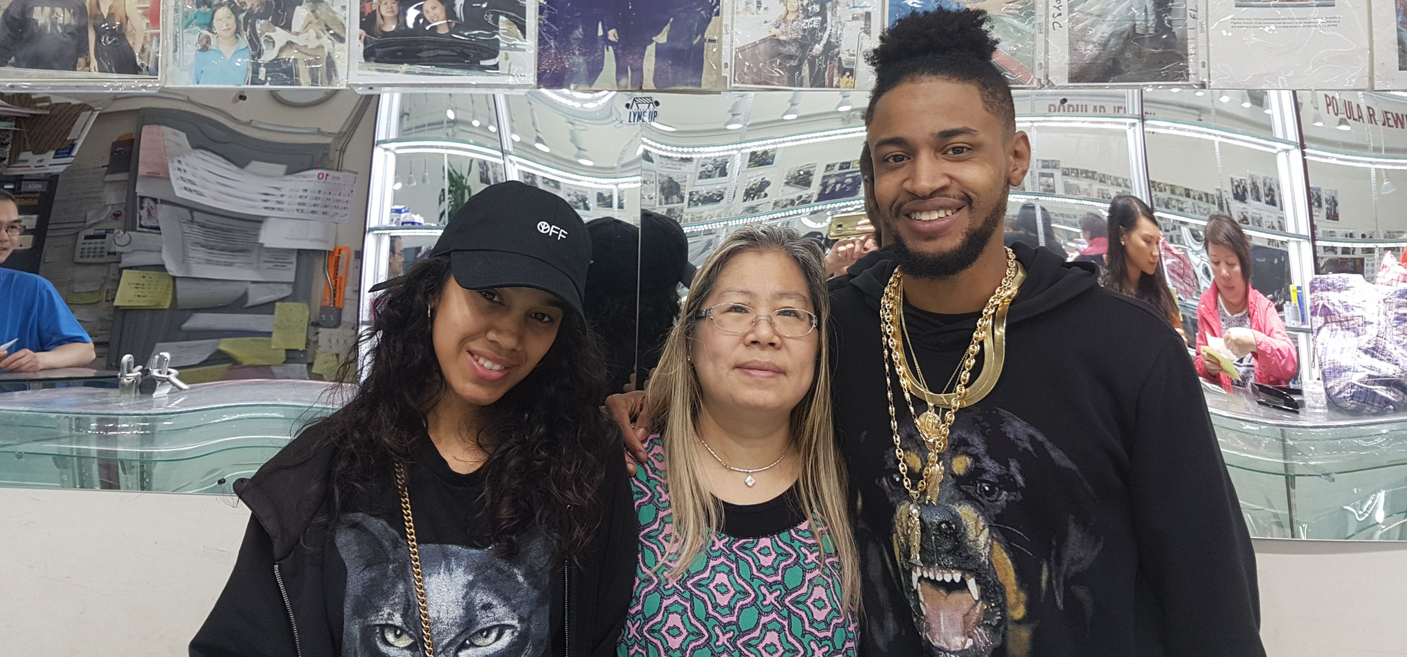 From left to right: Cherish Hicks, Eva from Popular Jewelry, and Grammy award winning, seven time platinum producer Mano who worked on the chart topping track, "The Hills" in The Weeknd's album, "Beauty Behind the Madness" are posing together