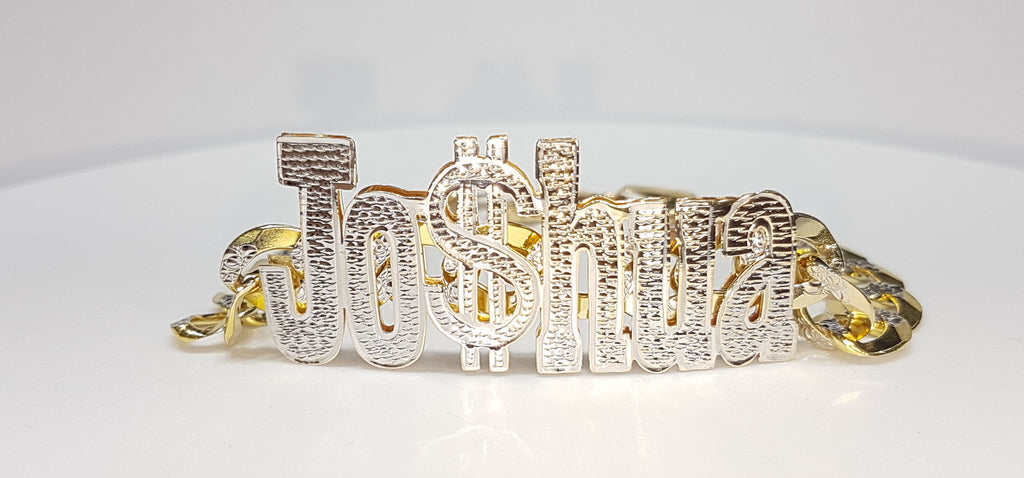 In the center: a custom double layer name plate bracelet made for Joshua stylized as Jo$hua in 14 karat yellow gold with white bead work finish on top with an Italian style two tone cuban link bracelet threaded through - Popular Jewelry