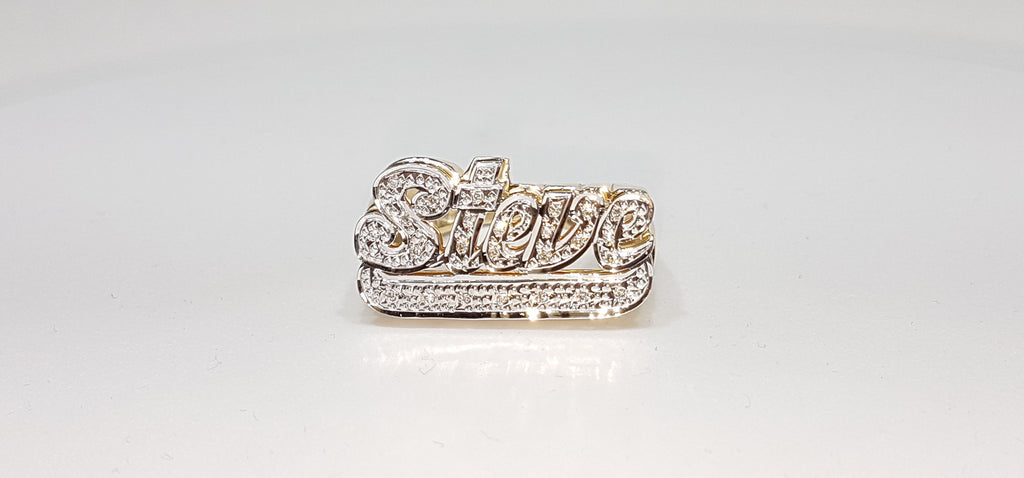 Custom made double layer name ring for Steve in 14 karat yellow gold pave set with diamonds and white rhodium bead work - Popular Jewelry