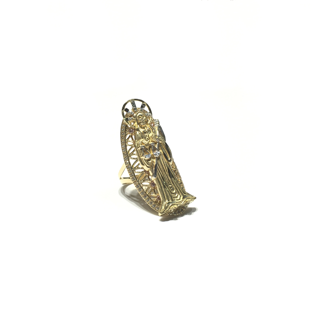 custom made Santa Muerte cubic zirconia full finger ring 14 karat two-tone gold made by Popular Jewelry New York