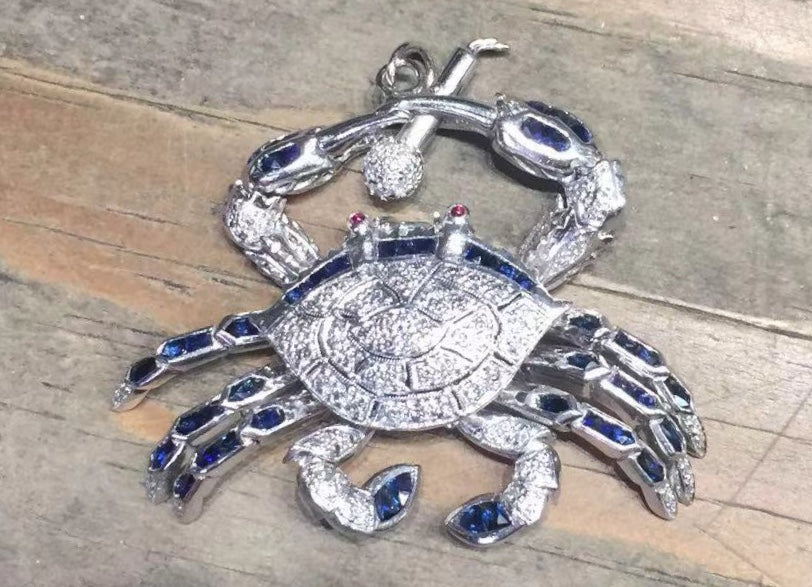custom made  diamond and sapphire crab pendant 14 karat white gold made by Popular Jewelry New York