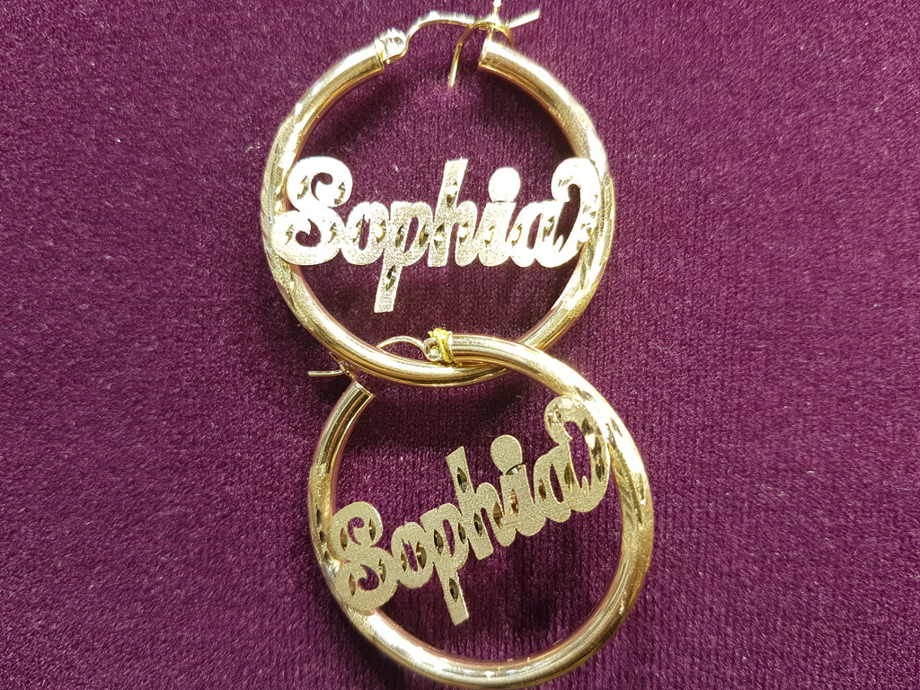 Custom made name plate Sophia hoop earring brush finish in 10 karat yellow gold - Popular Jewelry