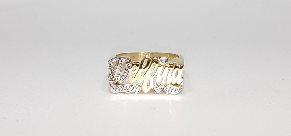 custom made name ring for Delfina in 14 karat yellow gold and two tone high polish white bead work finish - Popular Jewelry