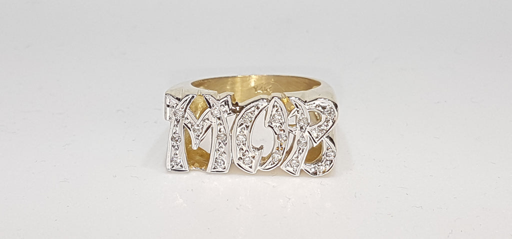 Center: Custom made Mob name ring in 14 karat yellow gold with white cut finish and set with diamonds - Popular Jewelry