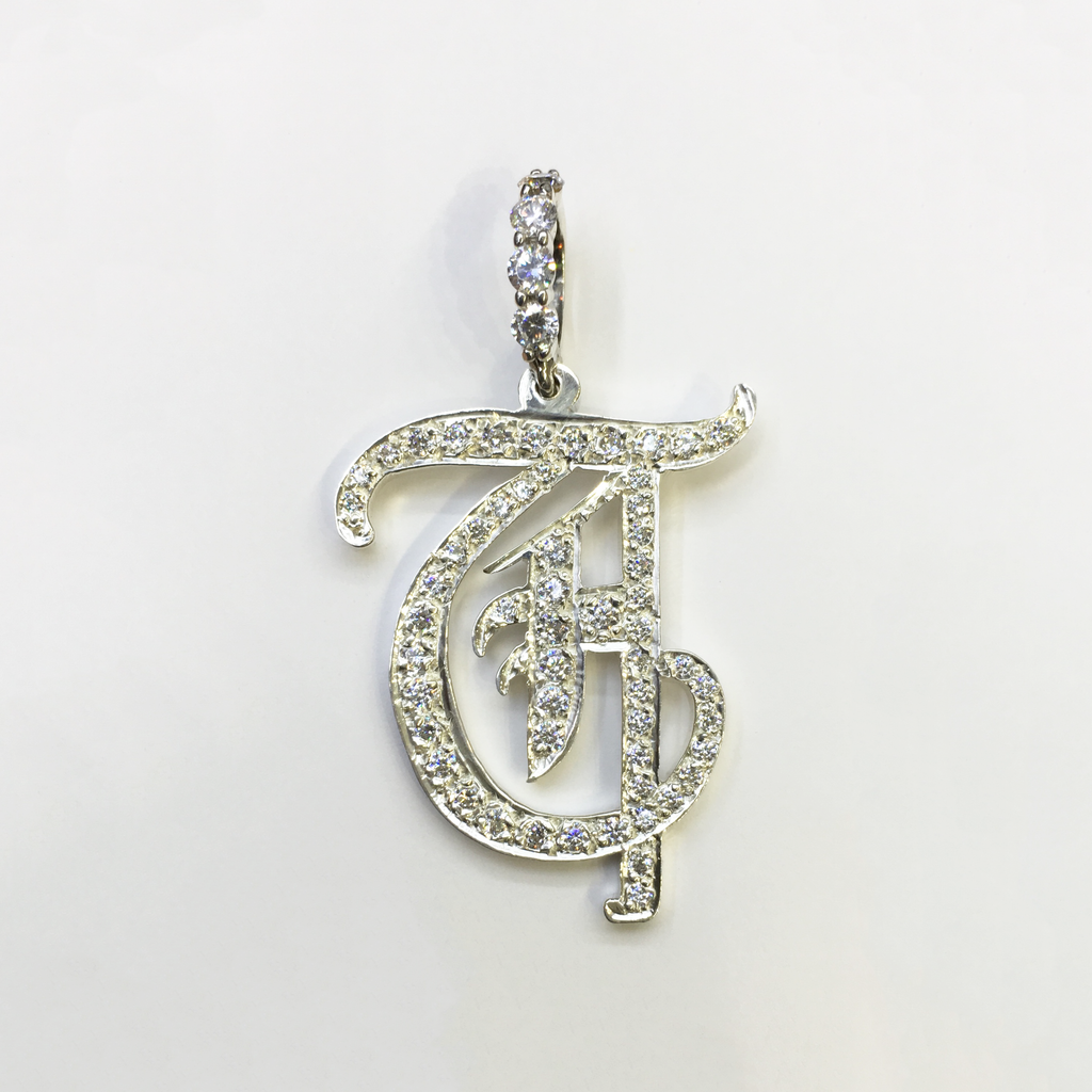 custom made old english capital letter t cubic zirconia pendant .925 sterling silver made by Popular Jewelry New York
