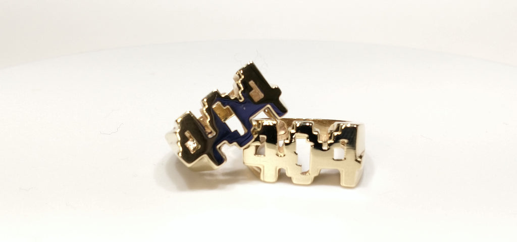 In the center: two custom made solid 14 karat yellow gold pixelated 404 http error or atlanta area code name ring in high polish finish - Popular Jewelry