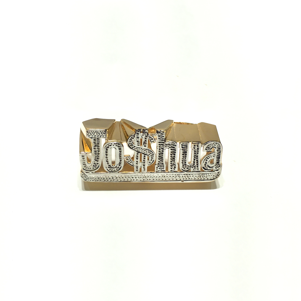 custom made white bead work cut 3-D Jo$hua name ring 14 karat yellow gold made by Popular Jewelry New York