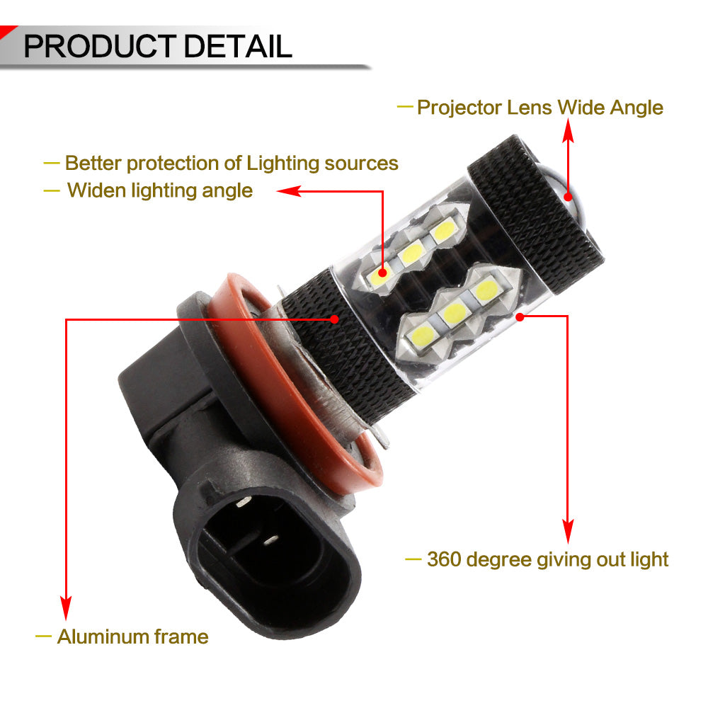 Nighteye H11 80W LED Fog Lights Bulbs Fog light Driving Lamp White Pair Error Free