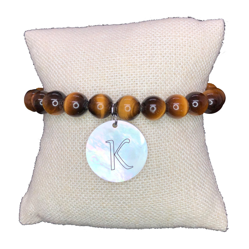 Personalized Single Letter Tiger Eye and Mother of Pearl Charm