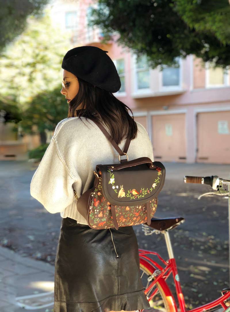 Nature Friends Backpack Purse worn as a backpack for bike riding