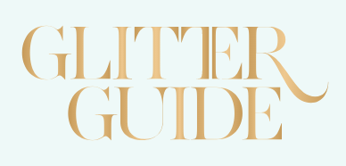 Glitter Guide in gold letting inside a baby blue box