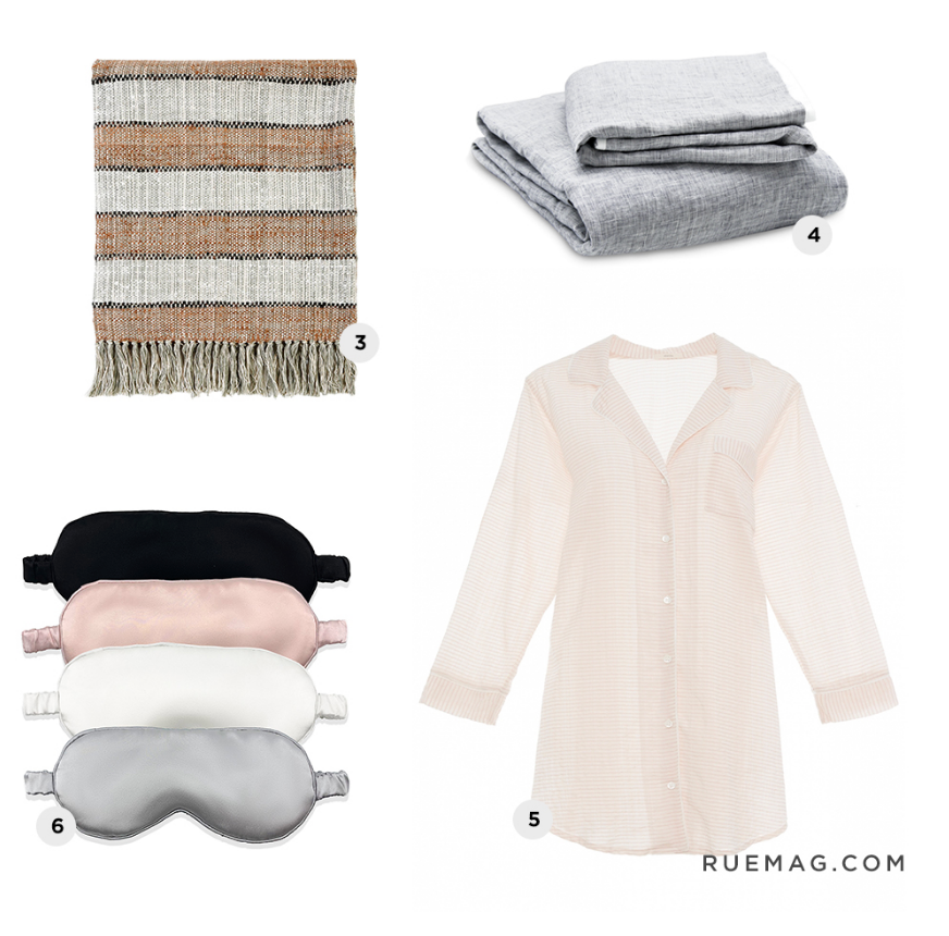 A throw blanket, folded sheets, a sleep mask, and a night shirt