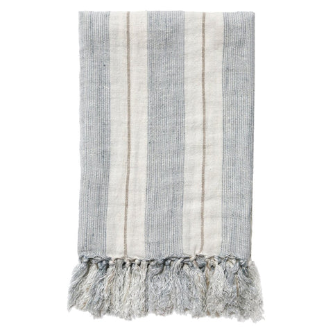 A light blue striped throw with tassels