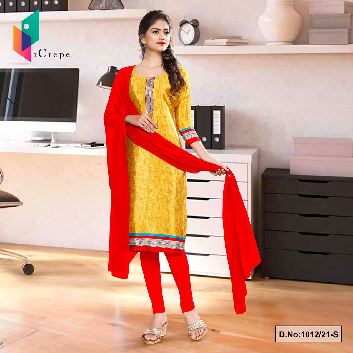 Yellow Red Premium Italian Silk Crepe Chudidar For Receptionist ...