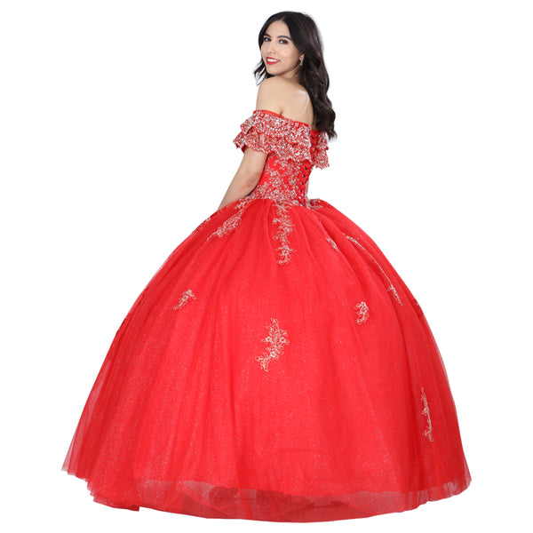 red off the shoulder quinceanera dress