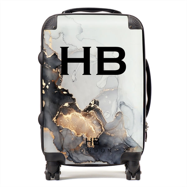 Personalised Grey, Charcoal and Gold Ink Marble with Black Font Initial Suitcase