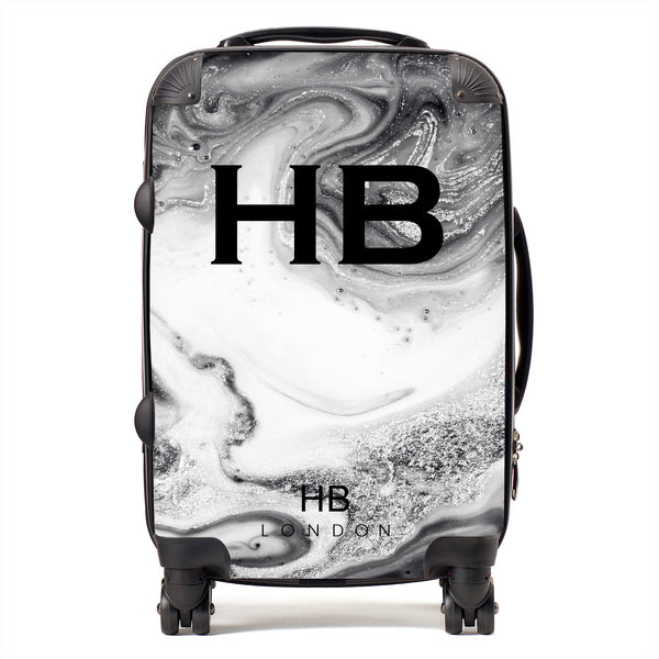 Personalised Grey and White Liquid Marble with Black Font Initial Suitcase