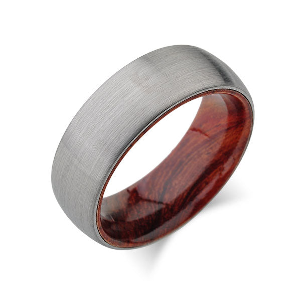 Koa Wood Wedding Ring Brushed Gray Tungsten Band Koa Wood Ring