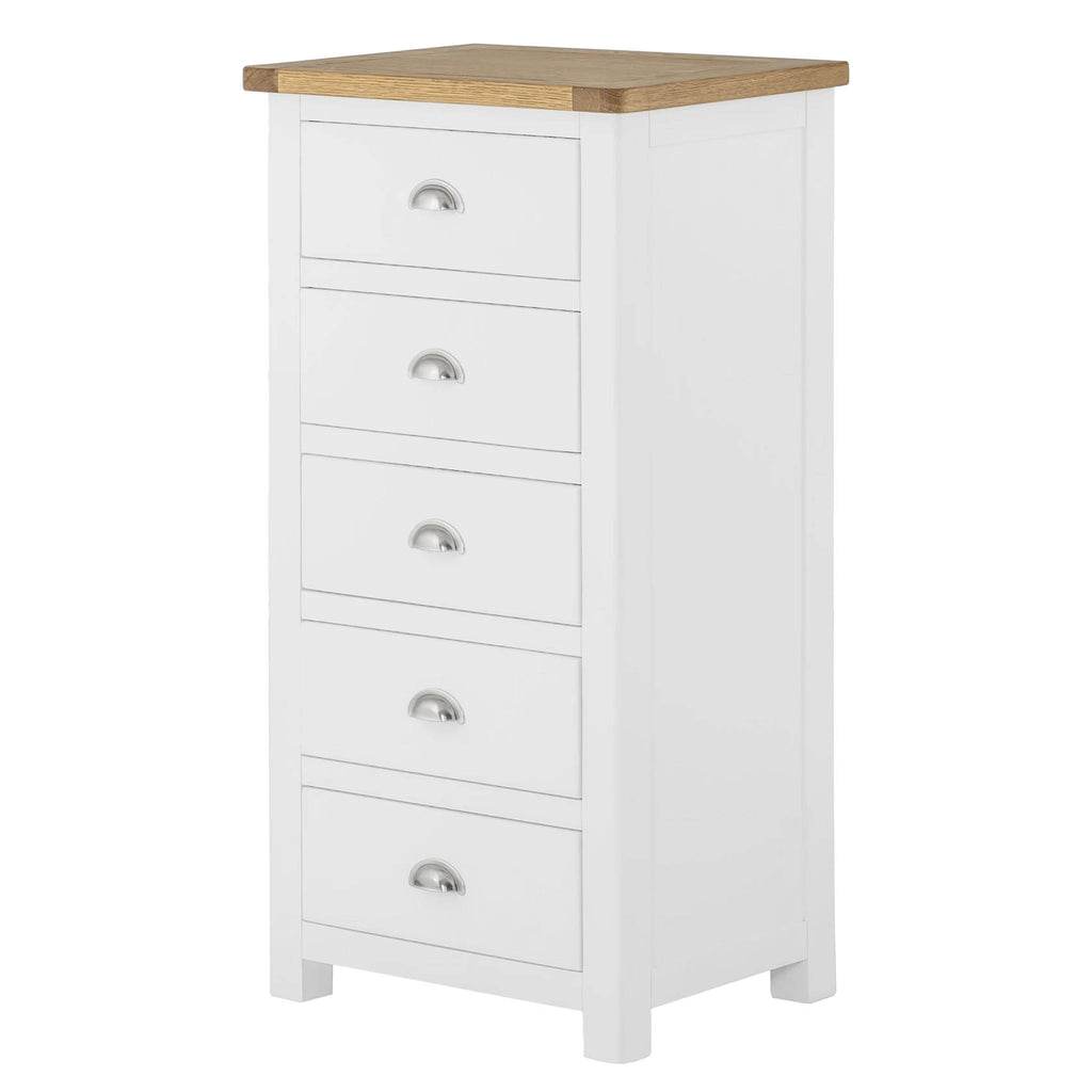 Padstow White Tallboy Chest Of Drawers With Oak Top Cup Handles