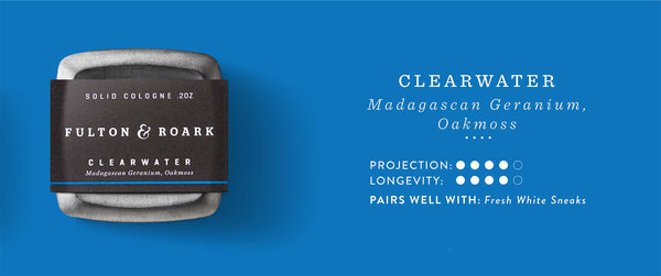 Clearwater Solid Cologne: Madagascan Geranium, Oakmoss. Projection and Longevity 4/5. Pairs well with: Fresh White Sneaks.