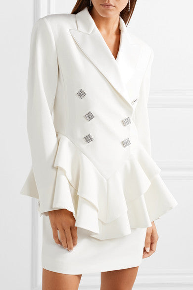 ALESSANDRA RICHCrystal-embellished satin-trimmed wool-crepe peplum blazer