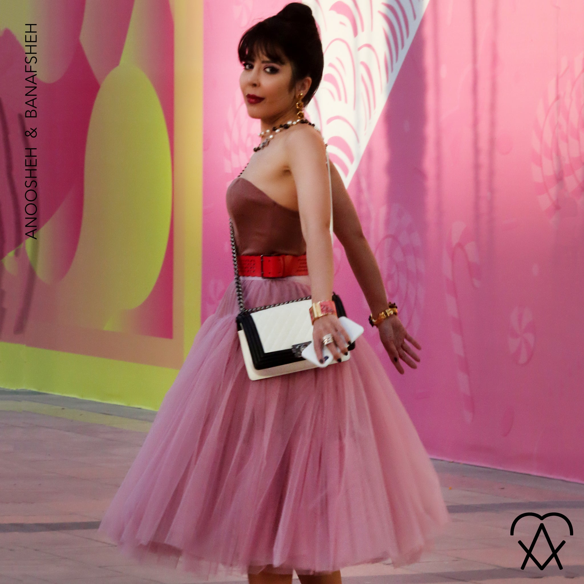 Anoosheh & Banafsheh article on chic loungewear and sleepwear wearing Dolce and Gabbana Pink Tulle Skirt