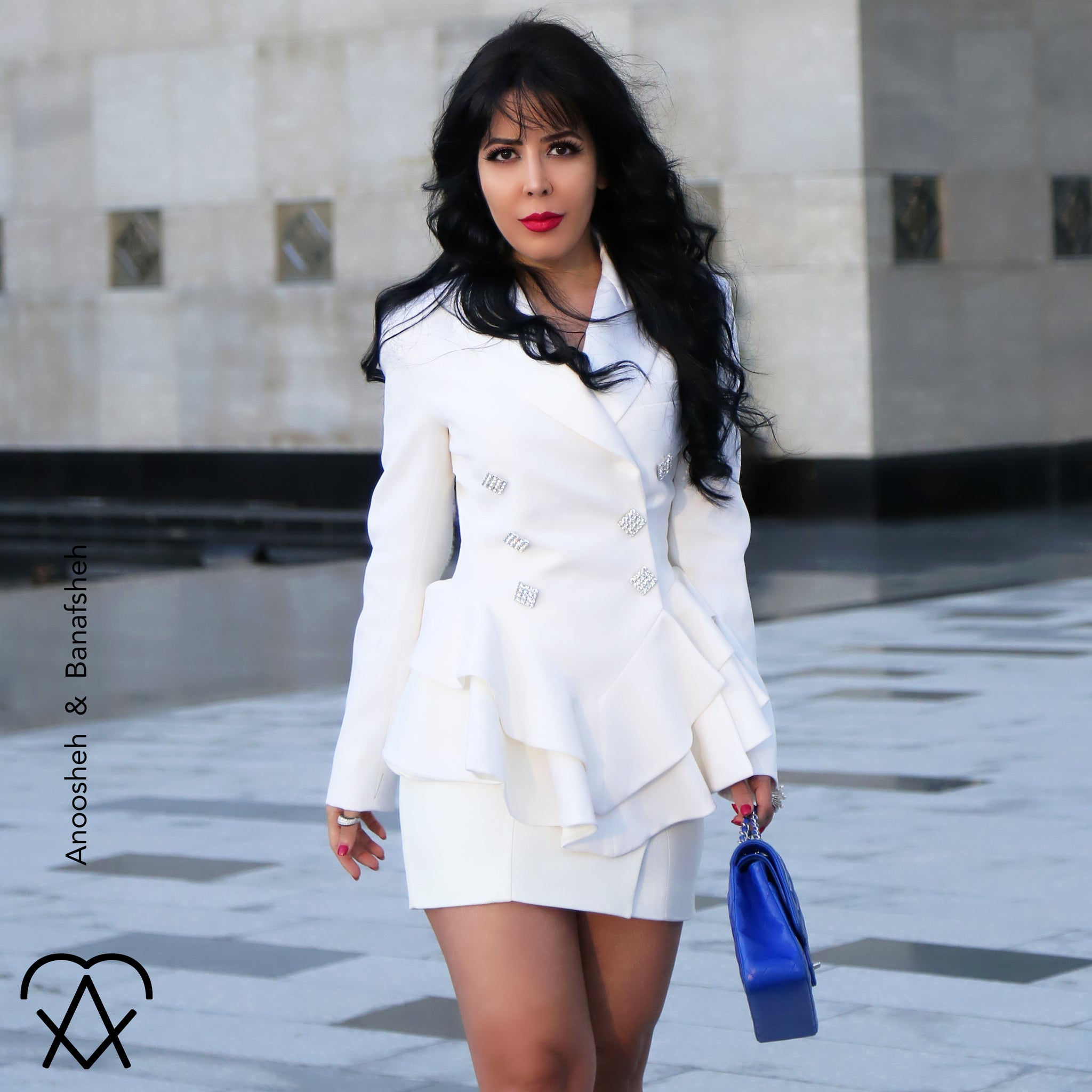 Anoosheh & Banafsheh power of White Article wearing Alessandra Rich White Balmain Blazer and Balmain White Skirt