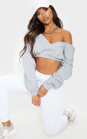 GREY MARL CROP OFF SHOULDER SWEATER on Pretty Little Thing