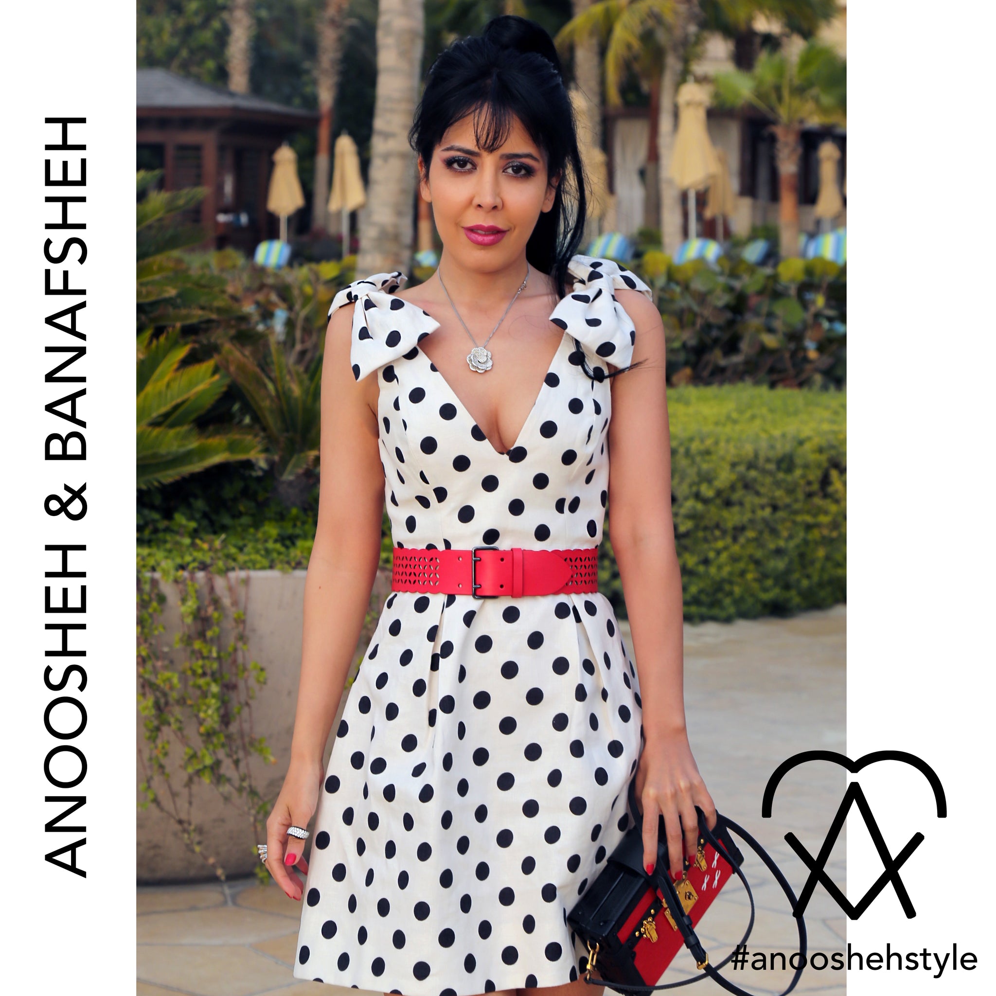 Anoosheh & Banafsheh Alaia Belt Zimmermann Polka Dot Bow Dress Louid Vuitton Petite Malle Bag in Four Seasons Dubai