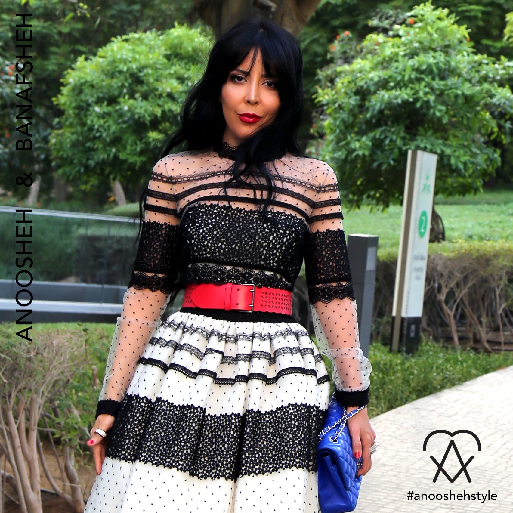 Anoosheh Banafsheh Black and White Look with Costarellos Dress and Chanel Bag in Dubai Burj Khalifa