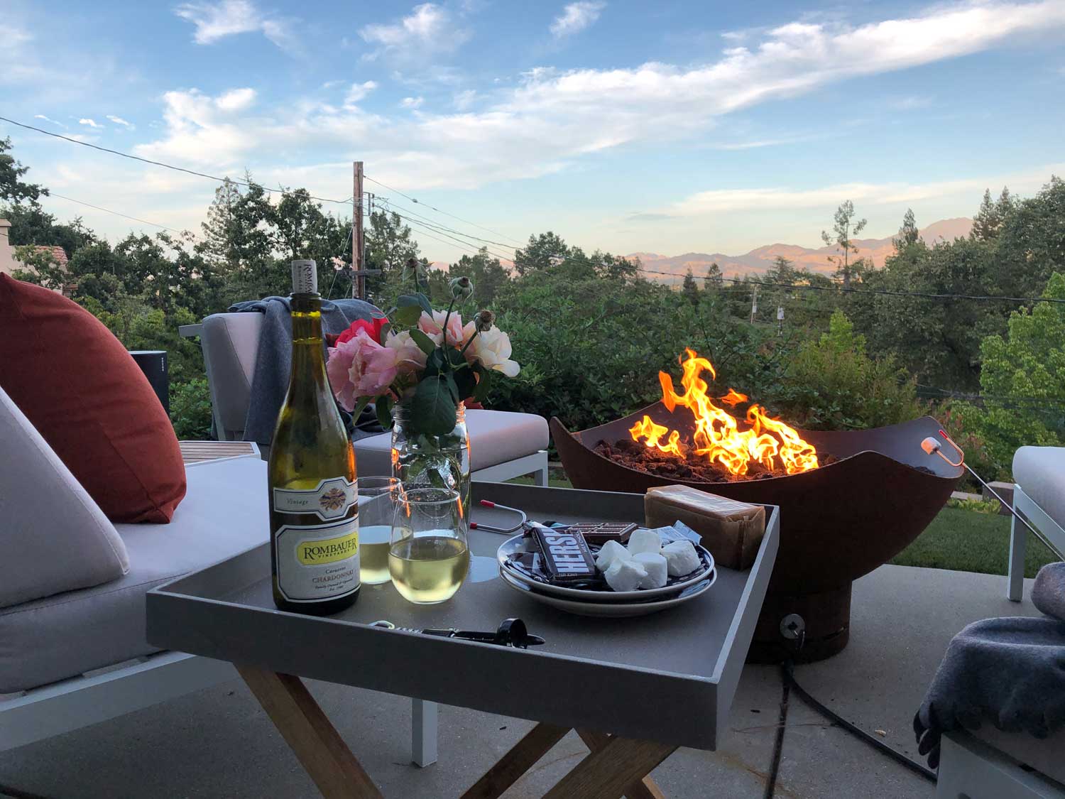 View of firepit, s'mores and wine glasses