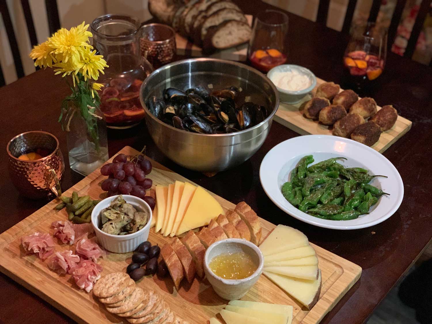 Dinner spread of Spanish cuisine